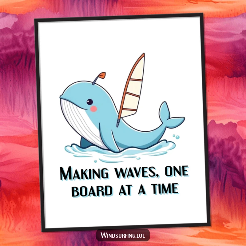 Funny Free Printable Wall Art: A curious whale joyfully spouts water, launching a windsurfing board into the air.
