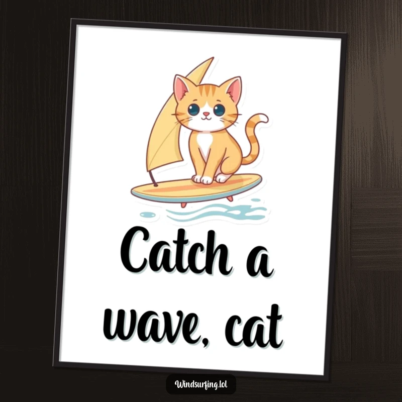 Funny Free Printable Wall Art: Curious Cat Skillfully Balancing on a Surfboard with a Sail, Looking Amused.