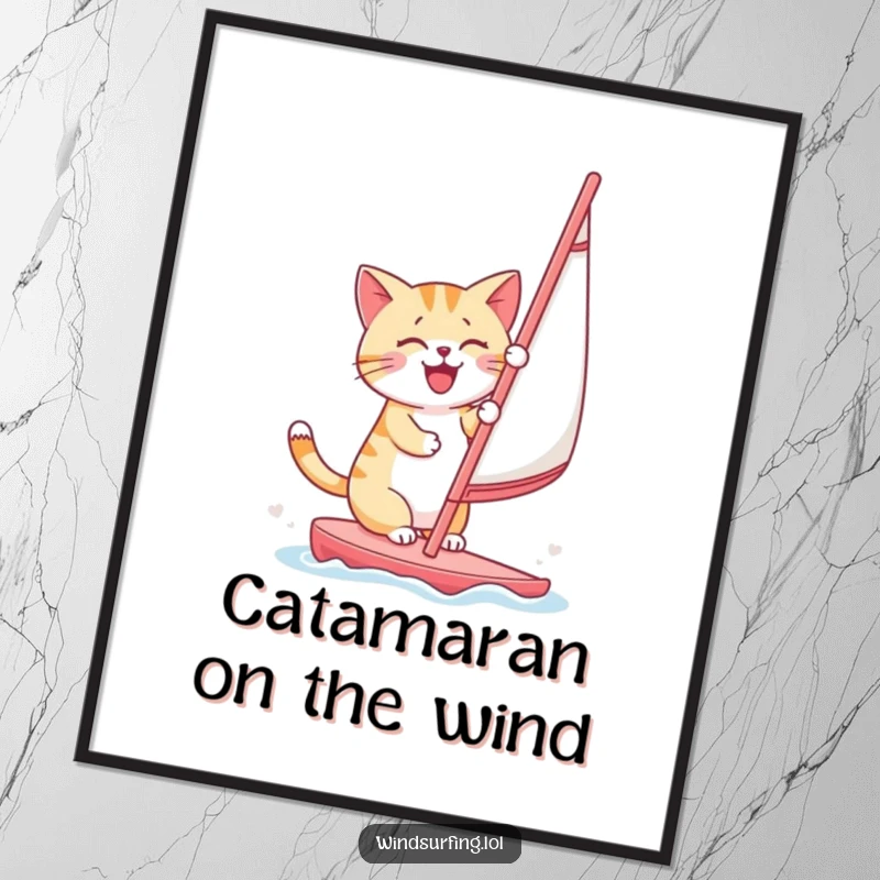 Funny Free Printable Wall Art: A cheerful cat expertly adjusting a windsurfing sail, embodying a cool and humorous vibe, downloadable art.