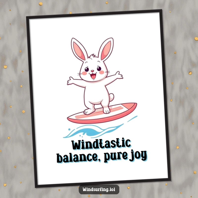 Funny Free Printable Wall Art: A cheerful rabbit skillfully balancing on a windsurf board, arms outstretched in playful triumph.
