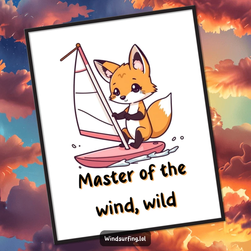 Funny Free Printable Wall Art: A curious fox intently steering a windsurf sail, embodying playful adventure and charming mischief.