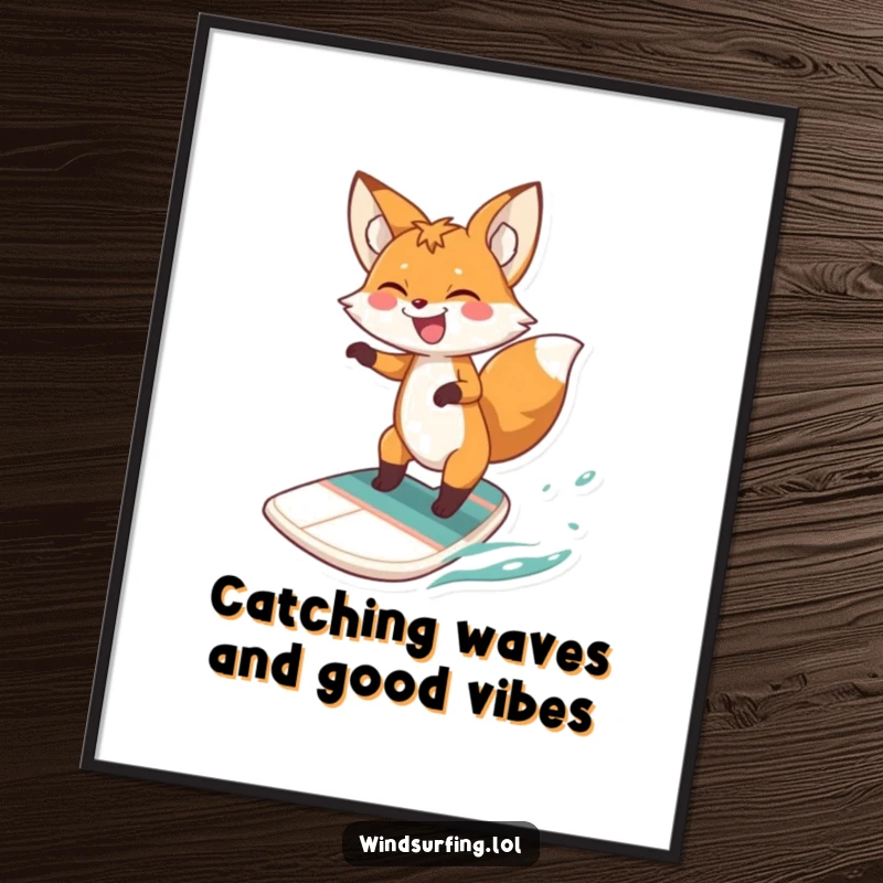 Funny Free Printable Wall Art of a gleeful fox masterfully windsurfing while catching a huge wave.