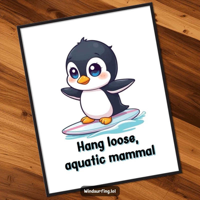 Funny Free Printable Wall Art: A comical penguin wobbles on a surfboard, looking surprised, ready to add quirky charm to any room.