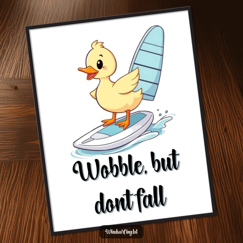 Funny Free Printable Wall Art: A wobbly duck comically attempts to windsurf, capturing a moment of pure, funny struggle.