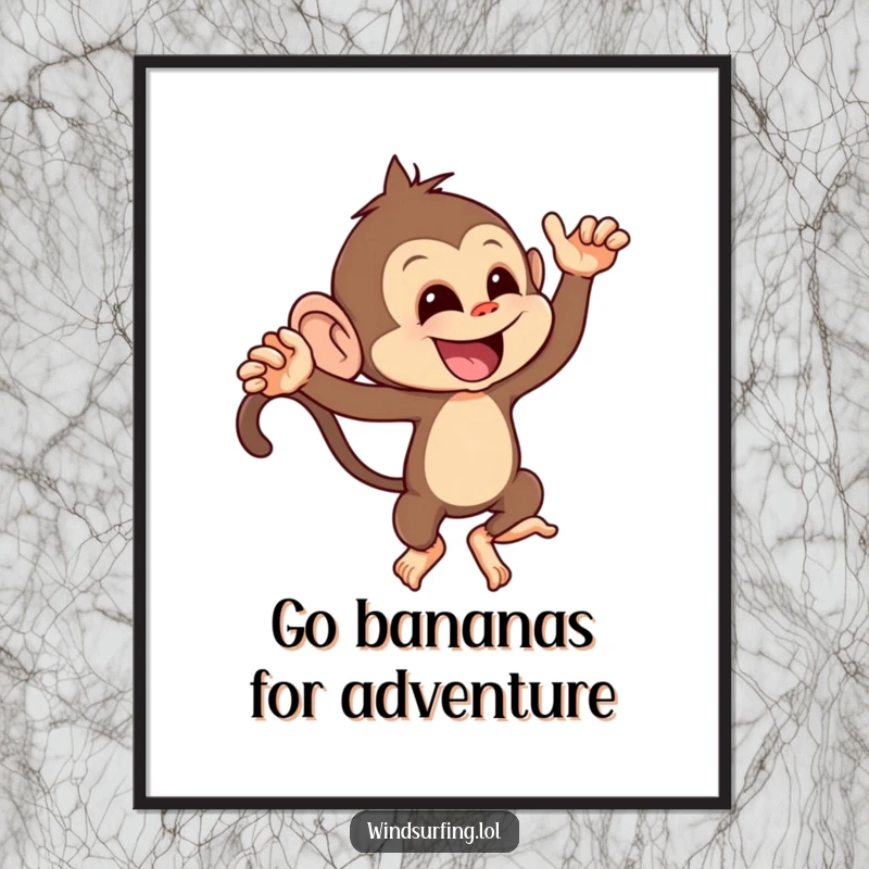 Funny Free Printable Wall Art: A mischievous monkey playfully bracing against a strong gust of wind, full of dynamic and humorous energy.