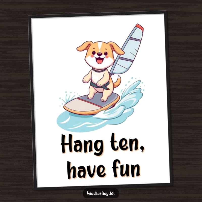 Funny Free Printable Wall Art: Happy dog catching air while windsurfing, a picture of pure canine exhilaration and fun.