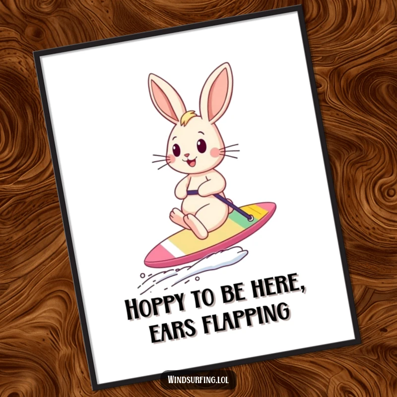 Funny Free Printable Bunny on a sailboard, ears flying, dynamic and cheerful downloadable wall art for enthusiasts.