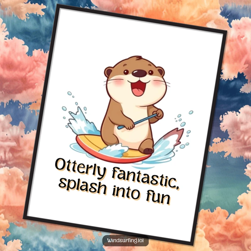 Funny Free Printable Wall Art: A delighted otter is exuberantly splashing water while windsurfing, embodying pure, joyful aquatic play.