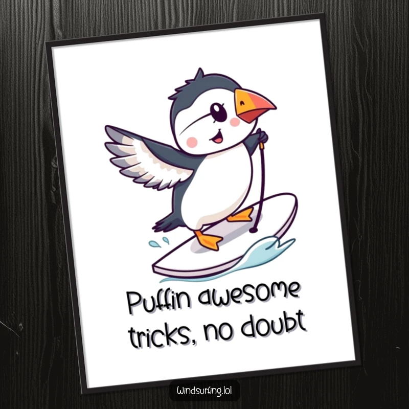 Funny Free Printable Wall Art: A smiling puffin confidently performs a dynamic trick on a windsurfing board.