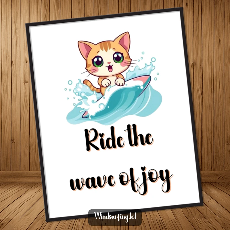 Funny Free Printable Wall Art: Surprised cat expertly windsurfing, splashing through a wave with a look of pure exhilaration.