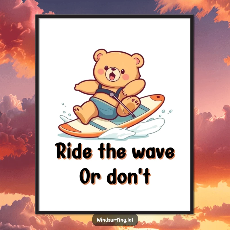 Funny Free Printable Wall Art: A clumsy bear hilariously falling off a windsurfing board, captured mid-splash, adding humor to your decor