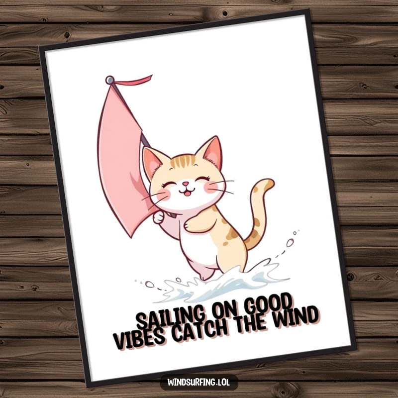 Funny Free Printable Wall Art: A cat sails with gusto, wind catching its fur, embodying joy and freedom on the water.
