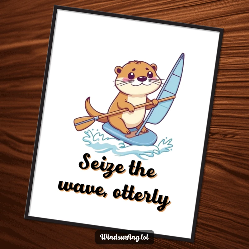 Funny Free Printable Wall Art: A determined otter expertly navigates its windsurfing board with a paddle, full of focus.