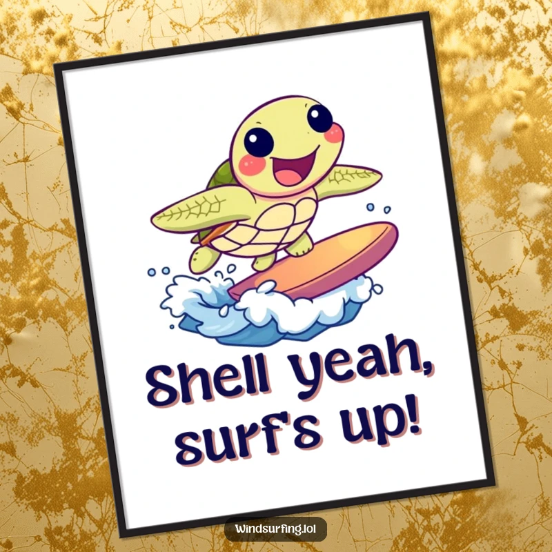 Funny Free Printable Wall Art: A joyful sea turtle expertly surfing a small wave with pure delight, a cool DIY art piece.