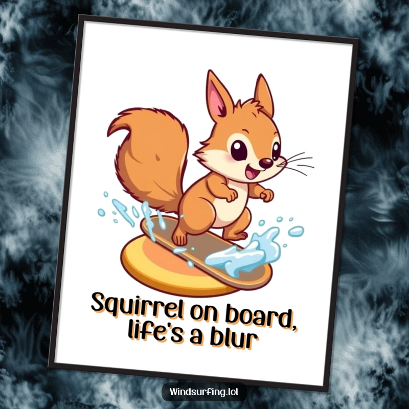 Funny Free Printable Squirrel zooming across water on a board, a dynamic and humorous downloadable wall art.