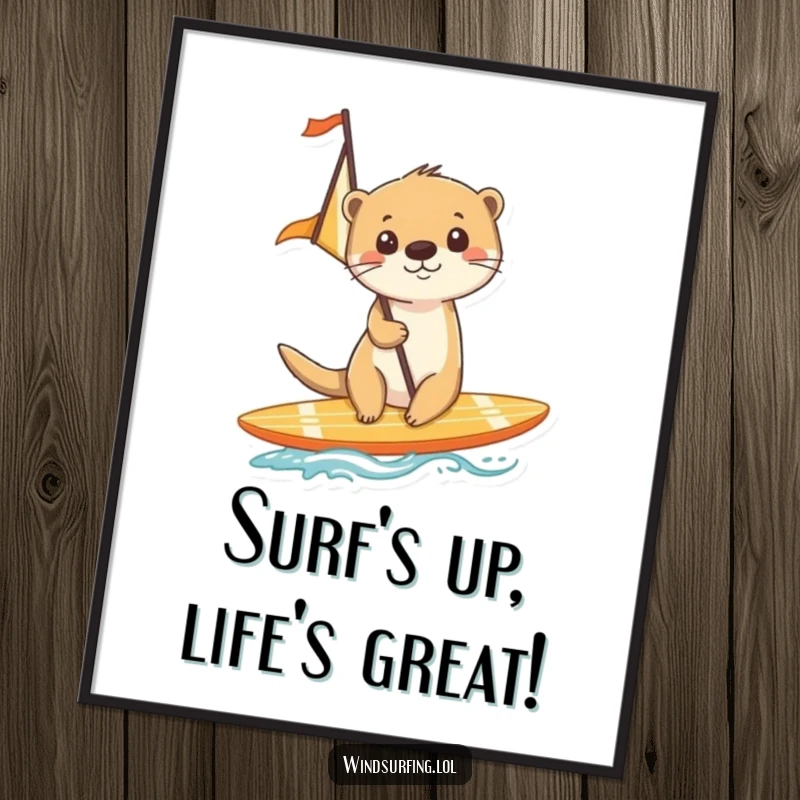 Funny Free Printable Wall Art of a cheerful otter gracefully surfing on a sail-powered surfboard, embodying freedom and fun.