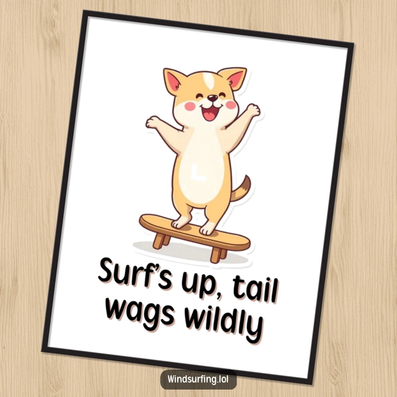Funny Free Printable Wall Art showing a happy dog dancing and balancing effortlessly on a board with a wagging tail.