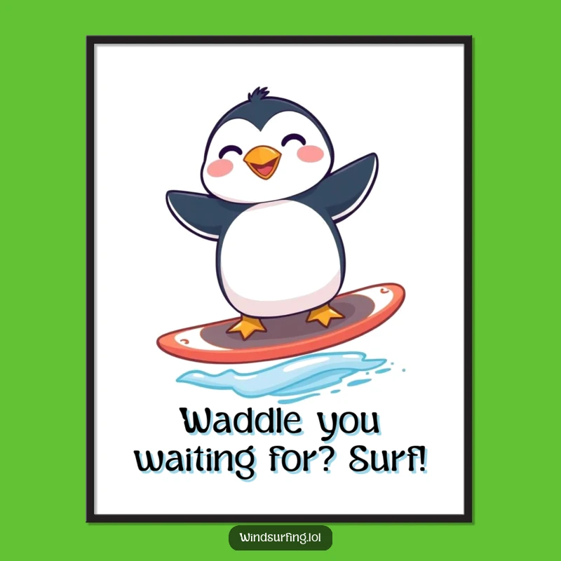 Free Printable Wall Art: Funny Penguin Windsurfing - Hilarious Downloadable Decor Gift