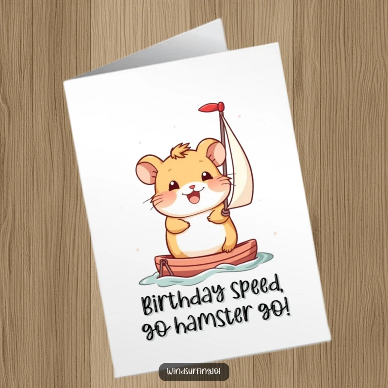 Funny Free Printable Birthday Card: A smiling hamster propels itself forward with a miniature sail, embarking on a birthday adventure.