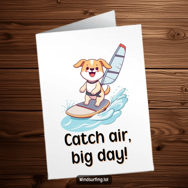 Funny Free Printable Birthday Card: Happy dog windsurfing and catching air with a huge smile, celebrating the big day.