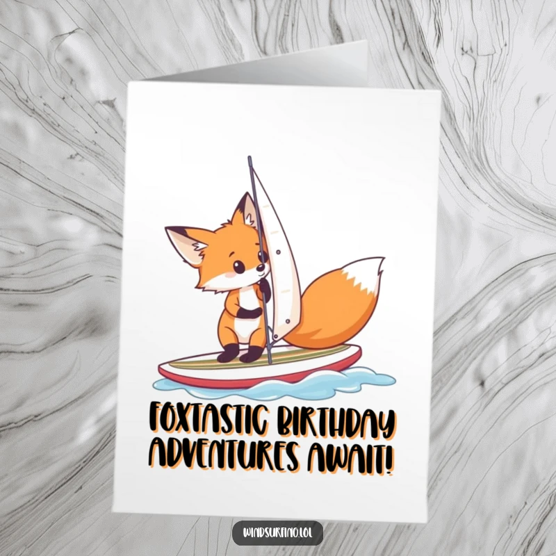 Funny Free Printable Birthday Card: A curious fox thoughtfully adjusts its sail on a small surfboard, ready for a birthday adventure.