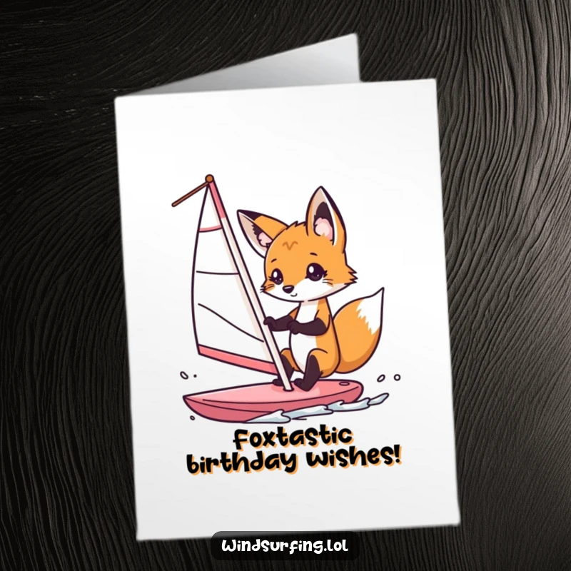 Funny Free Printable Birthday Card: A curious fox playfully steering a windsurf sail, ready for birthday adventures.