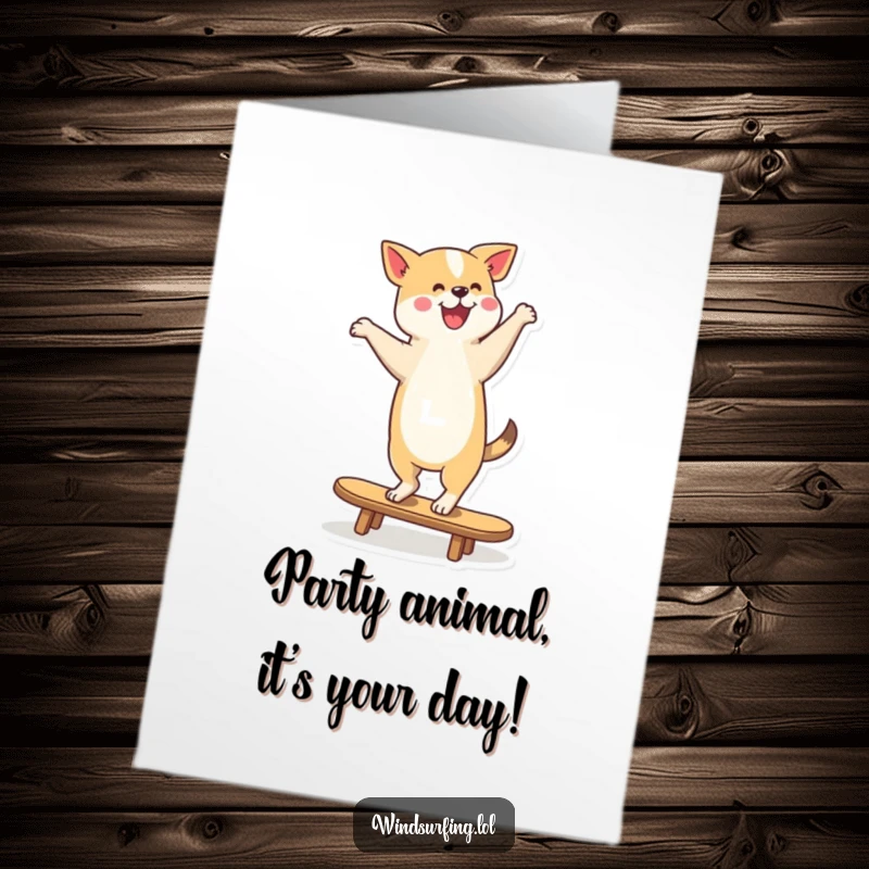 Funny Free Printable Birthday Card showing a happy dog dancing and balancing on a board, tail wagging enthusiastically.