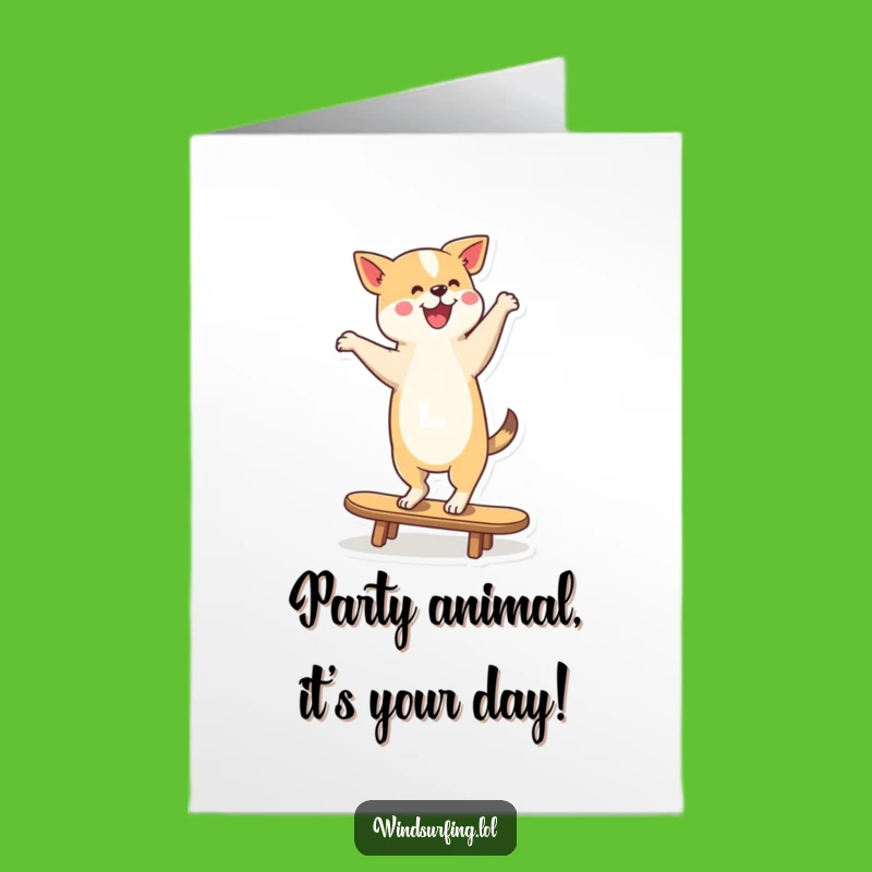 Free Printable Birthday Card: Dancing Dog Surfer, Funny Downloadable Gift for Dog Lovers
