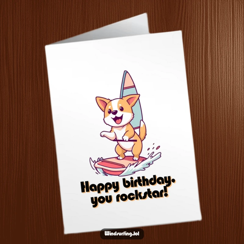 Funny Free Printable Birthday Card of a happy dog catching air on a windsurfing sail.