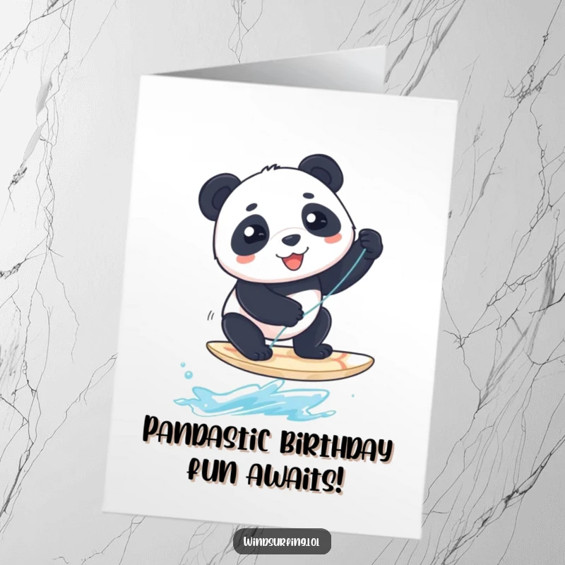 Funny Free Printable Birthday Card: A beaming panda wobbles on a tiny windsurfing board, full of birthday cheer.