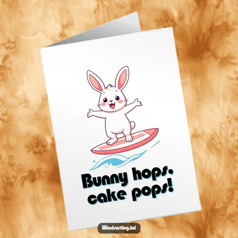 Funny Free Printable Birthday Card: Cheerful rabbit windsurfing with arms out, celebrating a special day with humor.