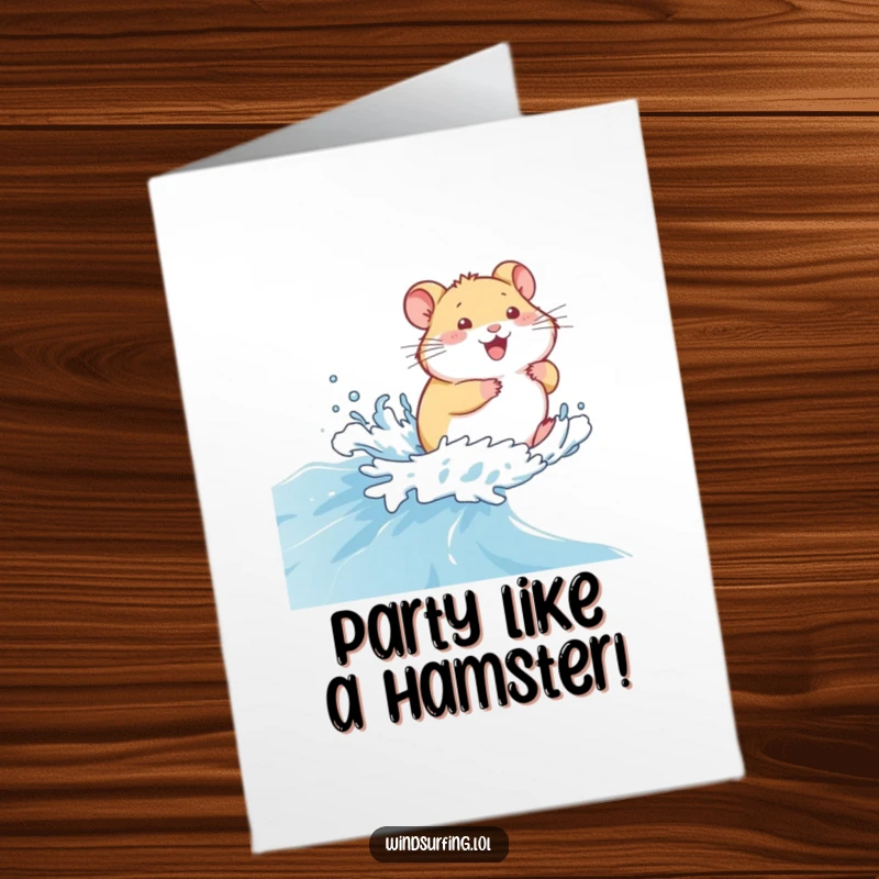 Funny Free Printable Birthday Card: Giggling hamster zooming across a choppy blue sea with sheer delight and speed.