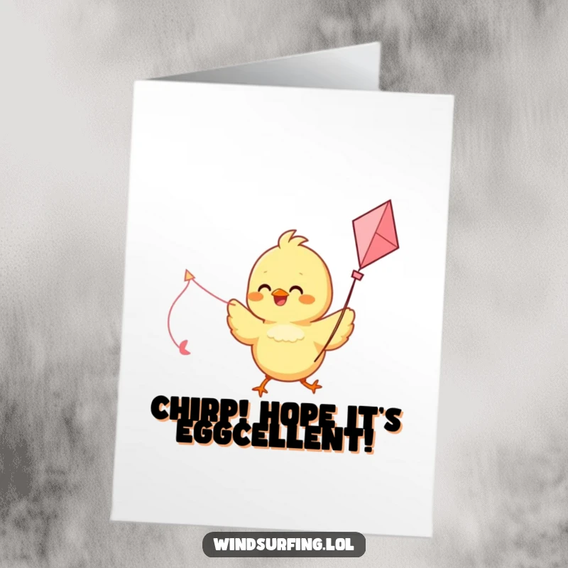 Funny Free Printable Birthday Card: Delighted chick joyfully sailing using a colorful kite as a sail, pure happiness.