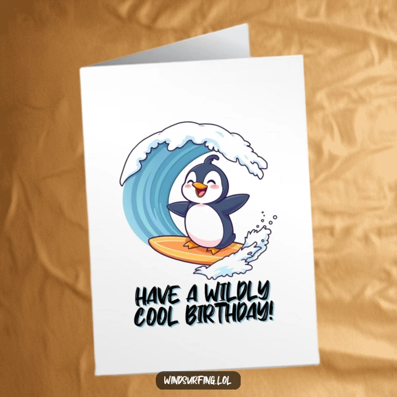 Funny Free Printable Birthday Card: A smiling penguin joyfully rides a surfboard, laughing as a huge wave barrels towards it.