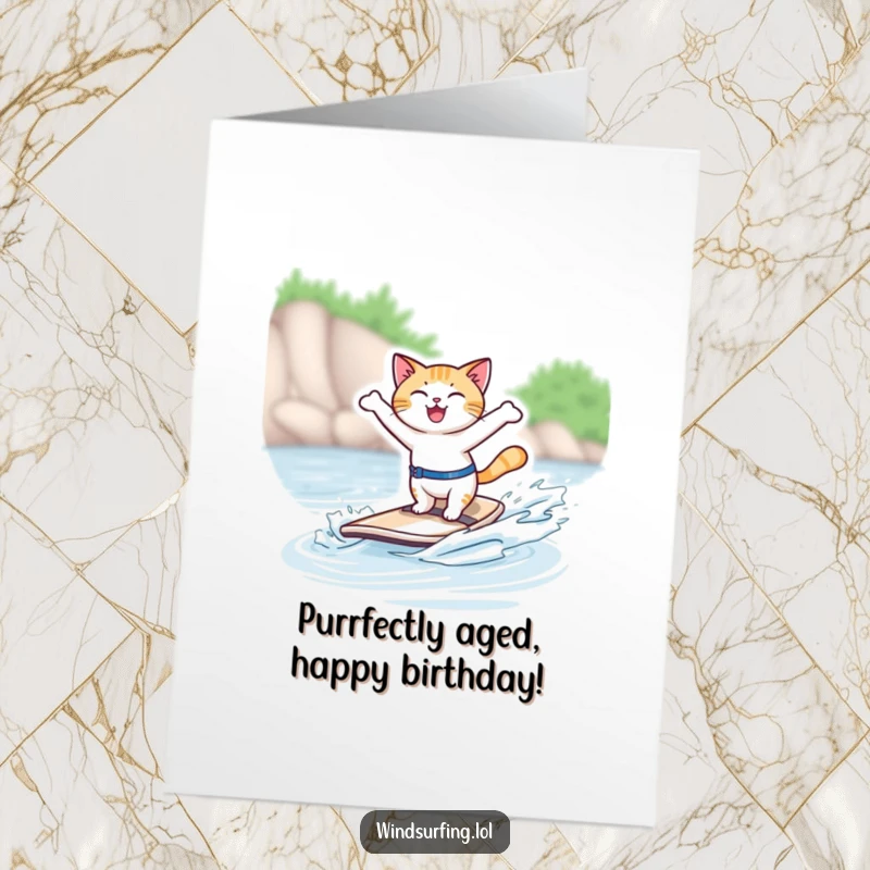 Funny Free Printable Birthday Card: Joyful cat windsurfing with arms wide, pure exhilaration. A humorous downloadable greeting.