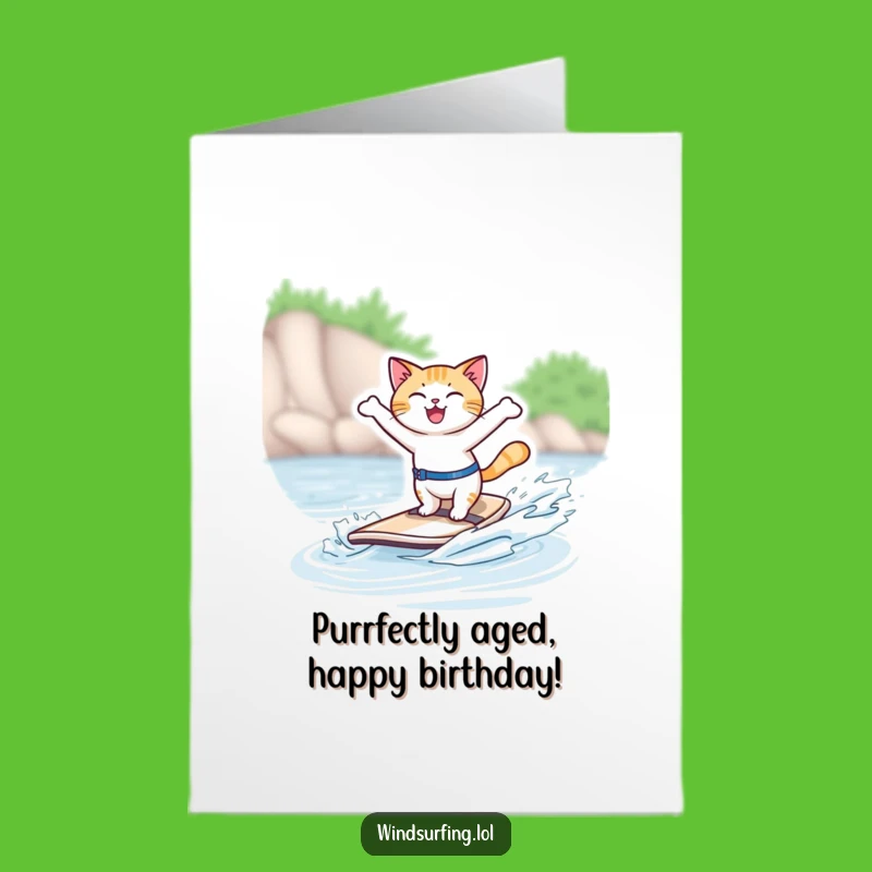 Free Printable Birthday Card: Windsurfing Cat Funny Downloadable Gift for Her