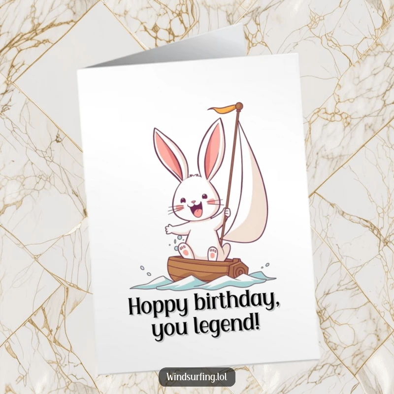 Funny Free Printable Bunny Sailing Birthday Card: A joyful bunny humorously struggles to control a giant sail, embracing the birthday journey.