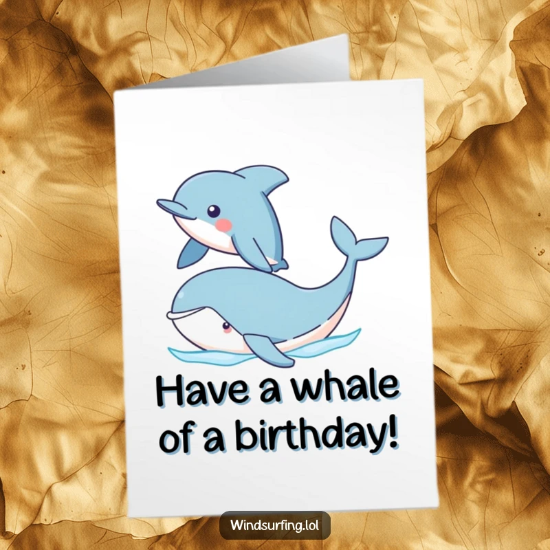Funny Free Printable Dolphin and Whale Birthday Card: A proud dolphin swims past a smiling whale, celebrating a special day.
