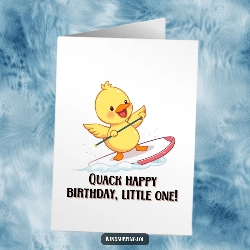 Funny Free Printable Duckling Windsurfing Birthday Card: A happy duckling joyfully windsurfs, flapping tiny wings with birthday excitement.