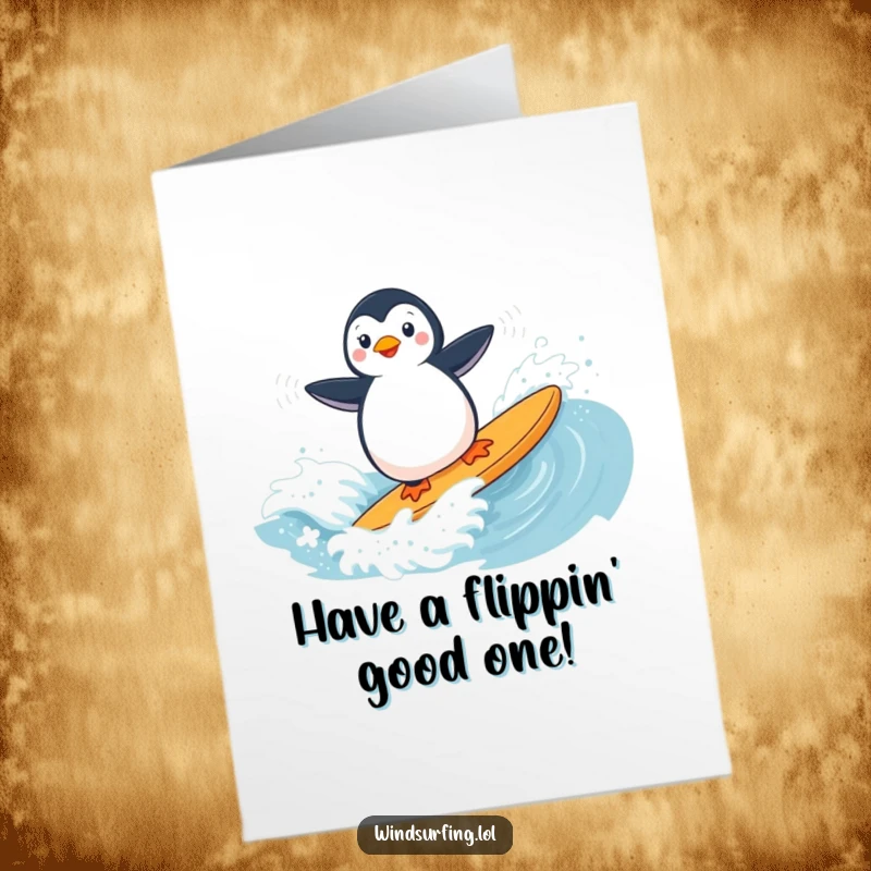 Funny Free Printable Birthday Card: A playful penguin surfs a choppy wave on a windsurf board, full of exhilaration, downloadable art.