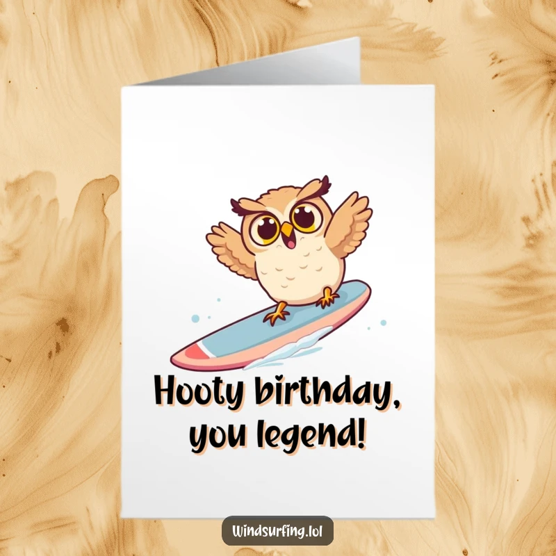 Funny Free Printable Birthday Card: A surprised owl comically falling off a windsurf board, wings flapping.