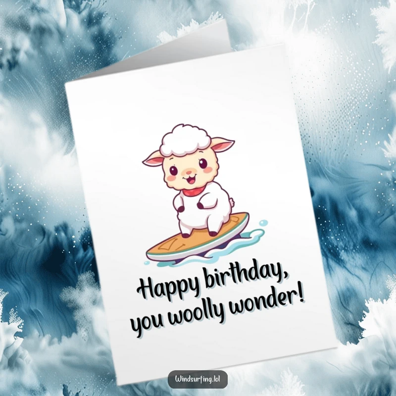 Funny Free Printable Cheerful Sheep gracefully sailing on a small board, a peaceful and humorous birthday greeting.