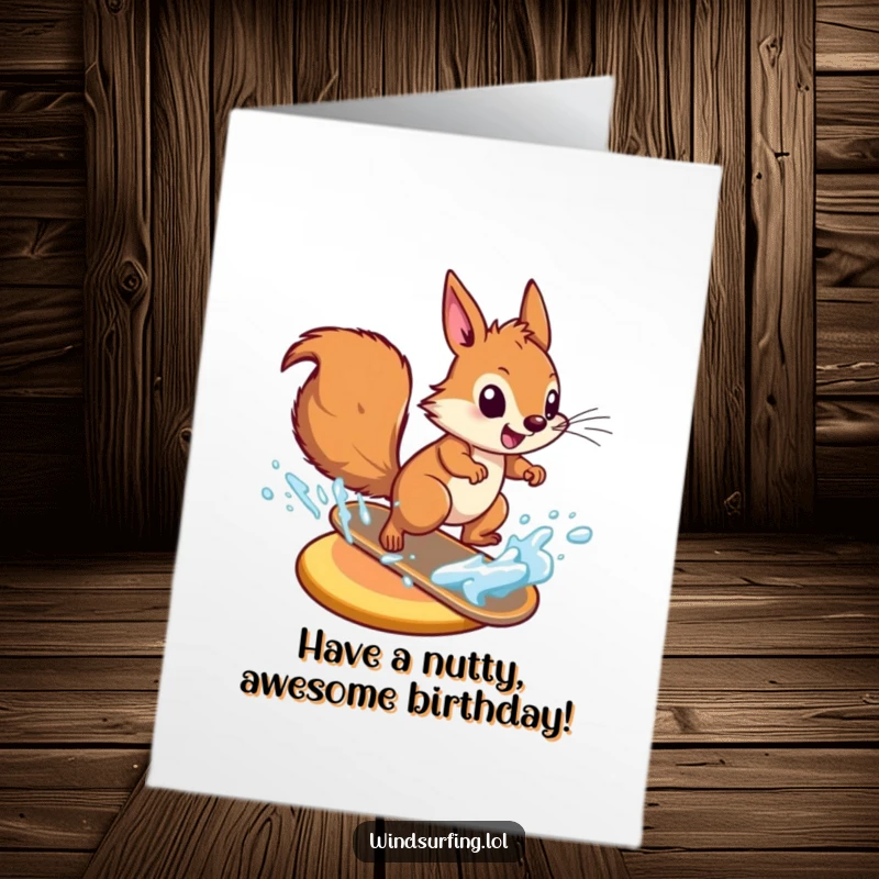 Funny Free Printable Energetic Squirrel zooming on a board, celebrating a birthday with wild enthusiasm.