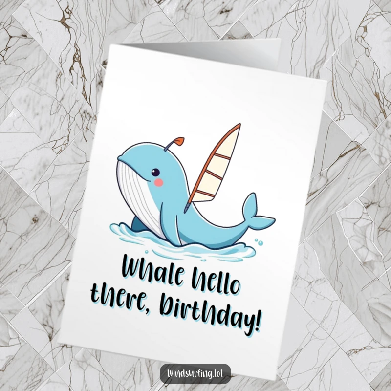 Funny Free Printable Birthday Card: A curious whale spouts water, launching a windsurfing board with a big grin.