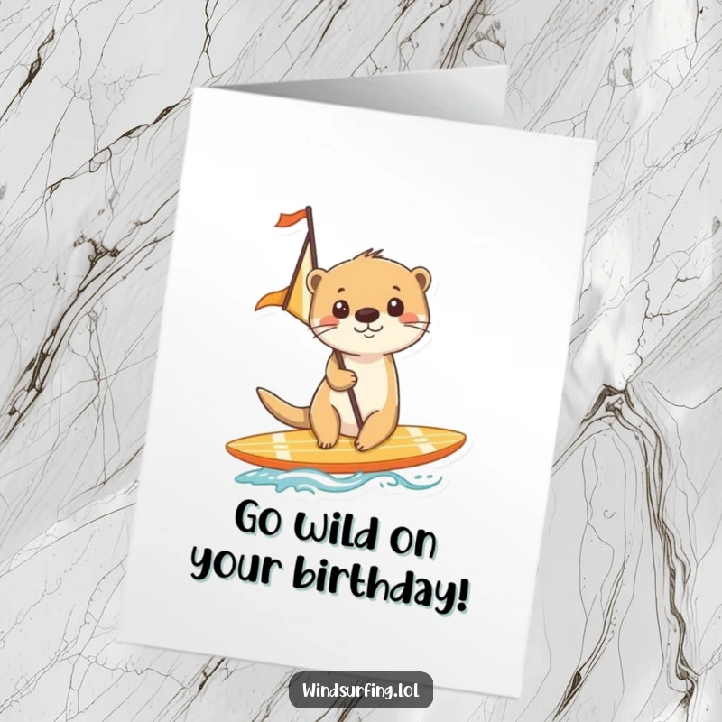 Funny Free Printable Birthday Card with a cheerful otter surfing a wave on a surfboard with a sail, embracing adventure.