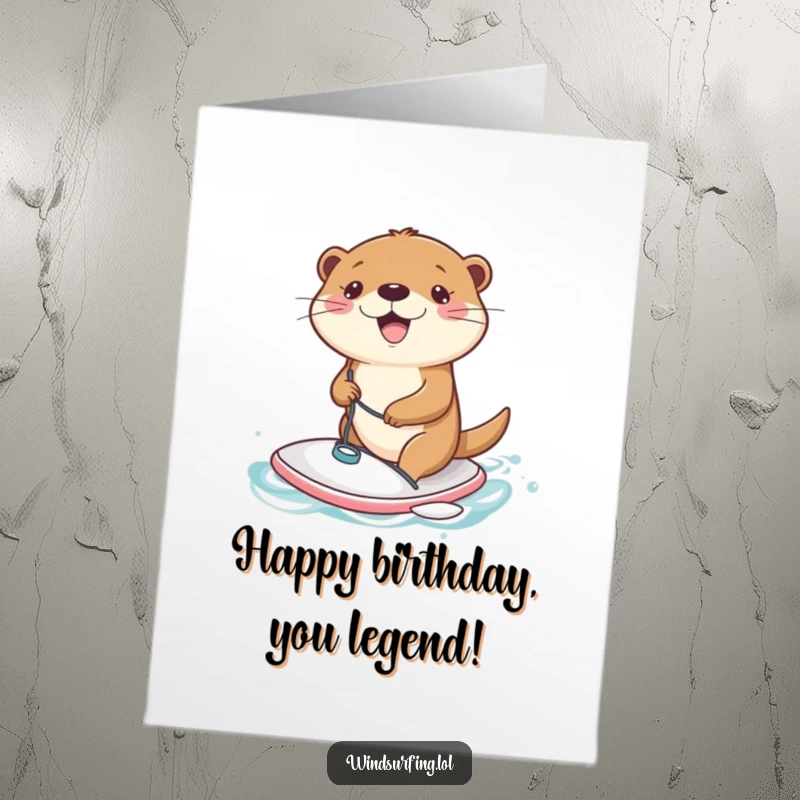 Funny Free Printable Birthday Card featuring a joyful otter sailing on a tiny windsurfing board.