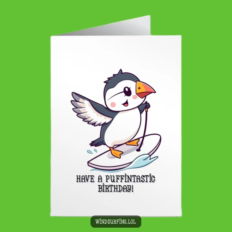 Free Printable Puffin Windsurfing Birthday Card - Adorable Downloadable Gift!