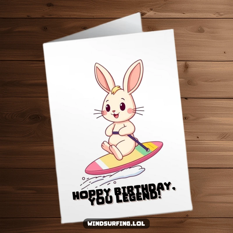 Funny Free Printable Bouncing Bunny on a Sailboard Birthday Card, ears flapping in the wind, a humorous downloadable celebration.