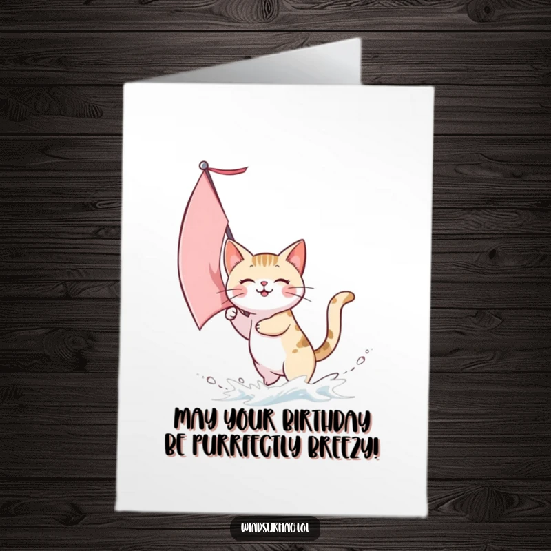 Funny Free Printable Birthday Card: A cat joyfully sails with wind in its fur, celebrating a special birthday occasion.