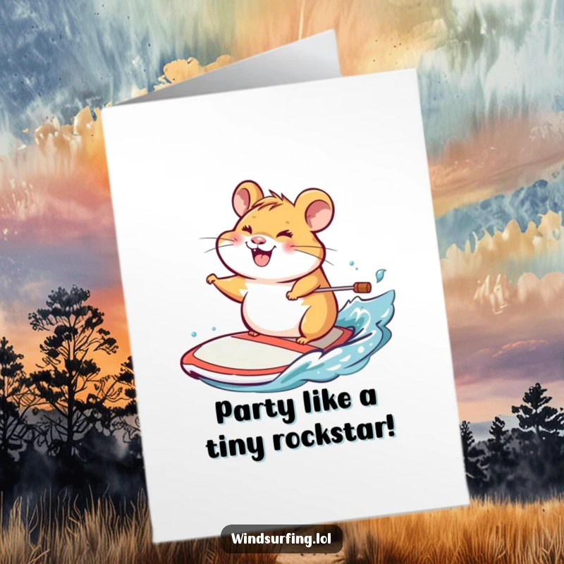 Funny Free Printable Birthday Card: A cheerful hamster grins broadly while expertly steering a windsurf board, ready for a birthday adventure.